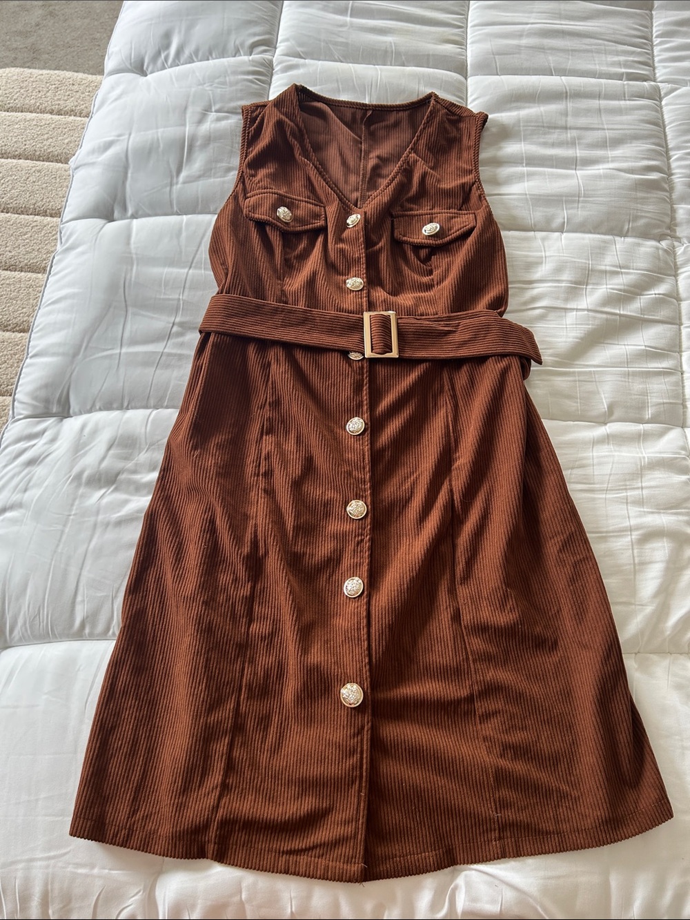SHEIN Brown Button-Front Belted Midi Dress